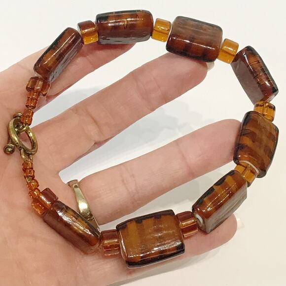 Art Glass Root Beer Tiger Stripe Chunky Cube Rectangle Beaded Anklet Toggle - Picture 9 of 13